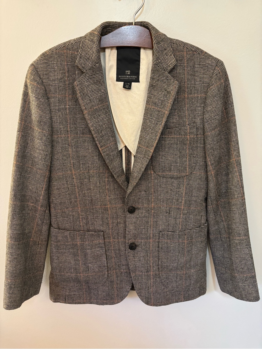 Scotch & Soda Wool Blend Windowpane Plaid Blazer Jacket Brown Mens Small S/46